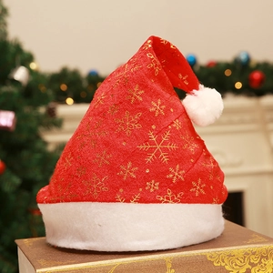 Bonnet de Père Noël en velours rouge avec motifs flocons dorés et bordure peluche