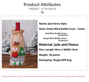 Housse de bouteille de vin en lin avec bonhomme de neige et décor 30x14cm