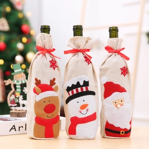 Funda para Botella de Vino de Navidad de Lino Bolsa con Cordón Papá Noel Muñeco de Nieve Reno Decoración de Mesa