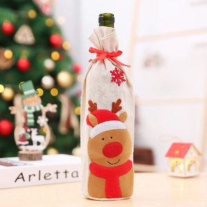 Funda de lino para botella de vino con reno navideño y lazo de cinta roja festiva