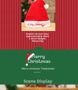 Macro shot of red velvet Santa hat with Merry Christmas text and 28x36cm dimensions