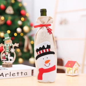 Funda navideña para botella de vino con diseño de muñeco de nieve en arpillera beige