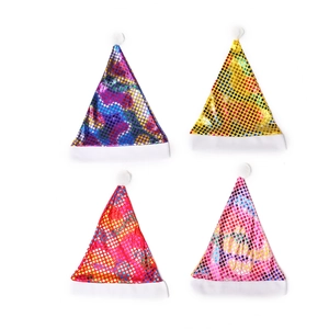 Set of 4 colorful sequin Santa hats in purple, gold, red and pink for Christmas parties