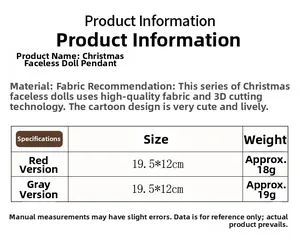Detailed size chart and specifications for Christmas faceless gnome hanging ornaments