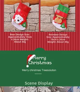 Detail of red Christmas stockings featuring sequined bear and elk patterns for gifts