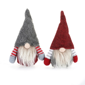 Set of two festive Christmas faceless gnome ornaments with red and grey pointed hats