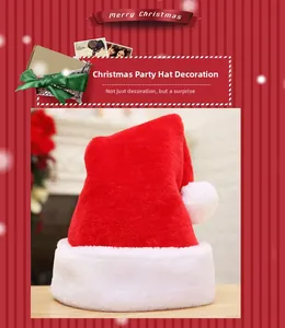 Detailed view of the thick plush Christmas hat with fluffy white faux fur trim and pompom
