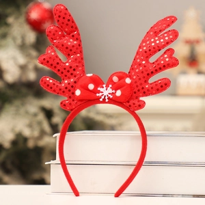 Christmas reindeer antler headband with red sequins and white snowflake bow decoration
