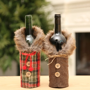 Christmas Wine Bottle Cover Fur Collar Coat Design Red Plaid Herringbone Fabric Decorative Wine Bag For Holiday Table Decor