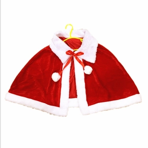 Christmas velvet red hooded cape with white faux fur trim and plush pompom ribbons