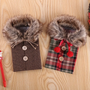 Christmas wine bottle covers with rustic brown herringbone and festive plaid fabric