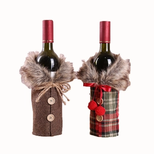 Christmas wine bottle covers in brown herringbone and red-green plaid with faux fur collars