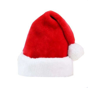 Classic red plush Christmas hat with a thick white faux fur brim and pompom detail