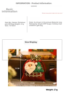 Detailed view of red burlap Christmas gift bag with 3D Santa and 15x20cm size specs