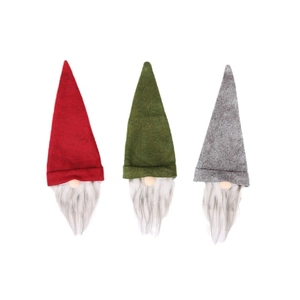 Three-piece Christmas gnome wine bottle covers in red, green, and grey felt with faux fur