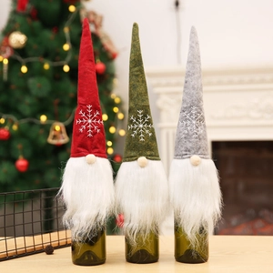 Christmas Gnome Wine Bottle Cover Nordic Tomte Bottle Topper With Snowflake Embroidery Long Plush Beard Holiday Party Decor