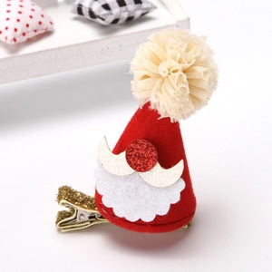 Dettaglio molletta per capelli a cappello di Babbo Natale rosso con glitter e pompon