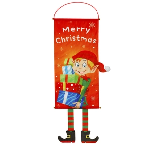 Detail of a Merry Christmas hanging banner with striped elf legs and gift box illustrations