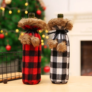 Christmas Wine Bottle Cover Buffalo Plaid Fabric With Faux Fur Collar Ribbon Bow Festive Wine Bottle Decor For Party Home