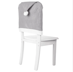 Christmas chair cover in grey felt fabric with white trim and a festive pom-pom hat design