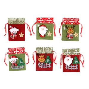 Set of 6 Christmas drawstring gift bags with Santa, reindeer, and snowman designs