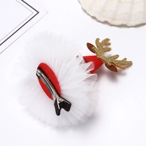 Fermaglio cappello di Natale rosso in feltro con corna dorate e tulle bianco elegante