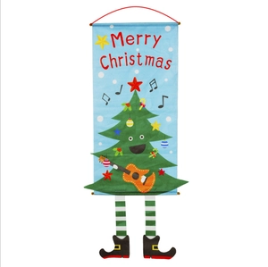 Blue Christmas fabric banner featuring a guitar-playing tree and striped hanging legs