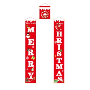 Three-piece Christmas door banner set with Santa and snowman on red fabric