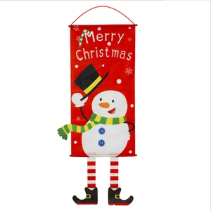 Christmas snowman hanging flag with red legs and Merry Christmas greeting on white background