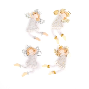 Set of four cute white Christmas angel ornaments with gold and silver glitter wings