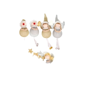 Set of five plush Christmas angel ornaments with champagne gold and silver glitter wings