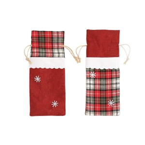 Christmas burlap wine bottle gift bags with plaid stitching and snowflake embroidery