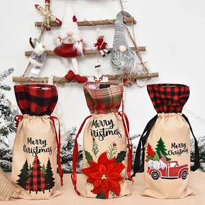 Christmas Wine Bottle Cover Faux Linen Buffalo Plaid Drawstring Gift Bag Festive Party Decor Gnomes Tree Truck Flower