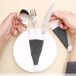 Mini plush Christmas hat cutlery holders in dark grey and white for holiday table decor