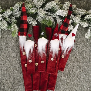 8pcs Christmas gnome handle covers set with red burlap and festive holiday patterns