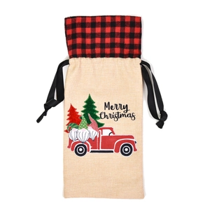 Christmas burlap wine bag with red truck gnome design and red black plaid collar
