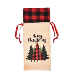 Merry Christmas wine bottle bag with red buffalo plaid trim and festive tree design