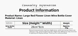 Detailed specifications chart for red flower burlap wine bottle cover with size and weight