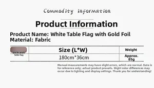 Detailed chart showing size 180x36cm and 85g weight for white gold-stamped table runner