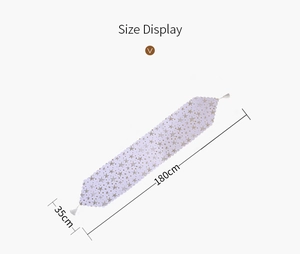 Size display of white Christmas table runner with gold stars and tassels, 180x35cm