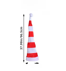 Long striped Christmas hat with plush pompom and size dimensions in inches and centimeters