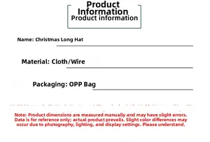 Specifications for the long plush Christmas hat made of fabric and wire in OPP packaging