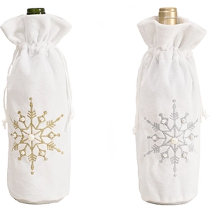 Sacchetti vino in velluto bianco con ricami di fiocchi di neve oro argento e perle