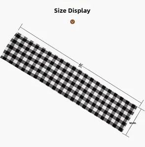 Size display of a black and white checkered table runner showing length and width dimensions