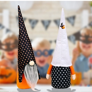Pair of plush Halloween gnomes with pointed hats and soft beards for festive decoration