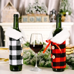 Christmas Wine Bottle Cover Buffalo Plaid Fabric With Faux Fur Collar And Wooden Buttons For Holiday Dining Table Decor