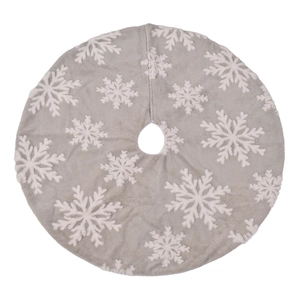 Grey plush Christmas tree skirt with white snowflake patterns for holiday party decor