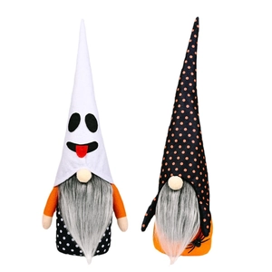 Halloween faceless gnome dolls set with ghost hat and orange spider decor on white background
