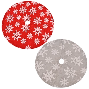 Set of grey and red plush Christmas tree skirts with white snowflake patterns