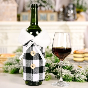 Christmas wine bottle cover with black white buffalo check and white faux fur collar